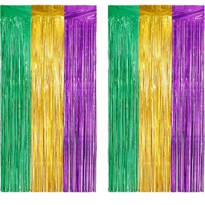 Green purple and gold metallic foil fringe curtain for Mardi Gras party backdrop