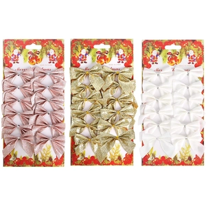 Détail de mini nœuds de Noël scintillants roses, dorés et blancs en lot de 12 pièces