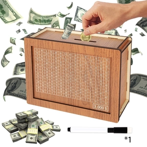 Vertical wooden saving box with 3000 dollar goal tracker and coin slot detail