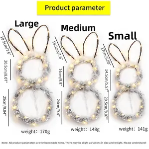 Detailed size chart for LED Easter bunny wreaths in large, medium, and small sizes