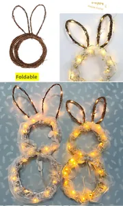 Foldable Easter bunny wreath with LED lights and natural rattan texture details
