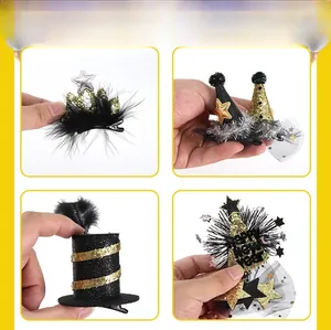 Detailed set of four New Year hair clips with black and gold glitter, feathers and lace