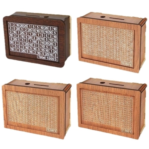 Set of four wooden money boxes with counters for goals from 1000 to 10000 dollars