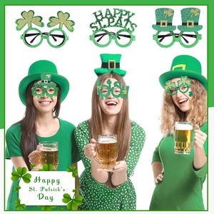 St. Patrick's Day party glasses set with shamrock designs and green felt hat