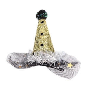 Glittery gold wizard hat hair clip with black mesh veil and stars for New Year party