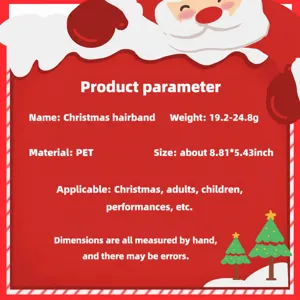 Detailed size chart for Christmas reindeer antler headband showing dimensions and PET material