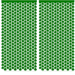 Detail of two-piece Saint Patrick's Day green shamrock foil fringe curtains for party decor