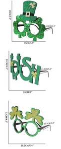 Detailed dimensions of St. Patrick's Day shamrock and IRISH letter glitter party glasses