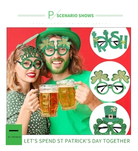 Glittery St. Patrick's Day glasses with Irish lettering and green clover hat details