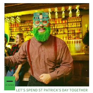Detailed view of model wearing green St. Patrick's Day party glasses with shamrocks