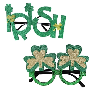 St. Patrick's Day party glasses with green glitter Irish letters and clover shamrock frames