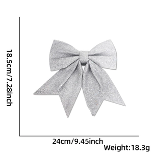 Silberner Glitzer Weihnachts-Schleifen-Ornament mit Maßangaben in 24x18,5cm auf Weiß