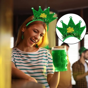 Green glitter crown headband with gold clover and pearls for St. Patrick's Day party