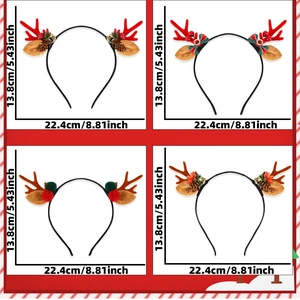 Vue détaillée des dimensions et éléments festifs de quatre serre-têtes de renne de Noël