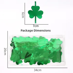 Macro shot of green metallic clover fringe curtain pieces with detailed size measurements