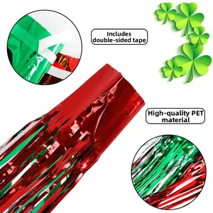 Detailed view of red and green metallic foil fringe curtains with self-adhesive backing