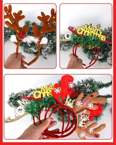 Three festive Christmas headbands featuring antlers, sequins, and LED lights on pine background