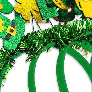 Saint Patrick's Day headband with green shamrocks, mini hat and glitter tinsel decorations