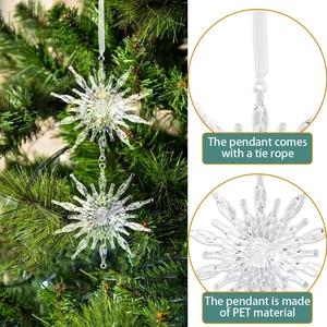 Transparent PET snowflake ornament for Christmas tree decoration with white hanging cord