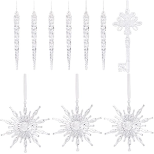 Clear acrylic Christmas tree ornaments set with icicles, snowflakes, and key pendants