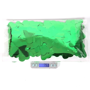 Detailed view of green shamrock sequins in a pack weighing 75.3g for party decor