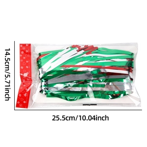 Macro detail of red green and silver tinsel fringe curtain packaged for St. Patrick's Day