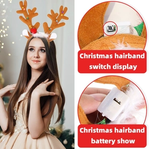 LED Christmas reindeer antler headband with brown plush fabric and festive colorful lights