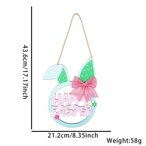 Easter rabbit wooden sign with Happy Easter greeting and pink bow dimensions display
