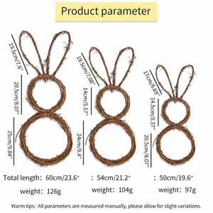 Three sizes of foldable rabbit-shaped natural rattan wreaths for Easter DIY party decor