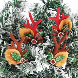 Lot de barrettes de Noël bois de renne avec feuilles pailletées et nœuds rouges