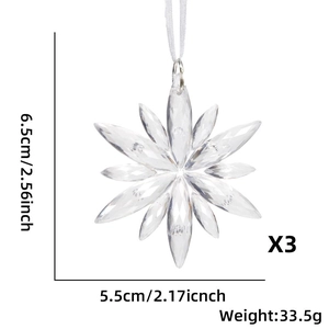 Pack de 3 copos de nieve transparentes de 6,5 cm de alto con cintas para colgar