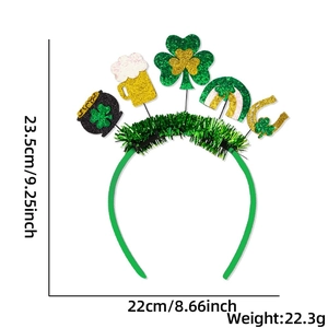 Detailed view showing dimensions of St. Patrick's Day headband with clover and rainbow motifs