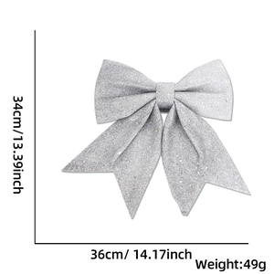 Details und Maße der silbernen Glitzer-Schleife für Weihnachtsbaumschmuck und Deko