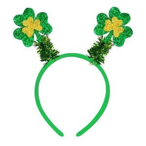 St. Patrick's Day headband with green shamrock glitter sequins and golden clover detail