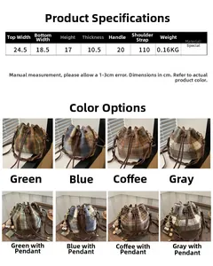Size chart and color display for minimalist knit bucket bag with dimensions and weight