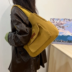 Sac fourre-tout en toile jaune moutarde avec grande capacité et patch en cuir pour femmes