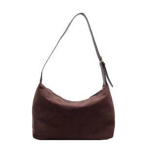Retro minimalist dark brown suede hobo tote bag for women with adjustable leather strap