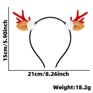 Christmas reindeer headband with red flocked antlers, brown ears and white pom poms