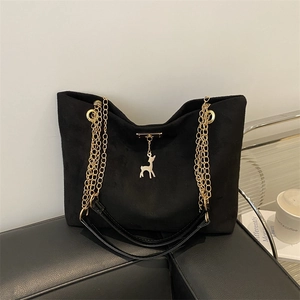 Sac Fourre-tout Vintage en Suède Synthétique pour Femmes Chaîne Dorée Avec Pendentif Cerf Grande Capacité Sac à Épaule Hiver