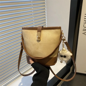 Women Trendy PU Leather Colorblock Bucket Bag Stitching Crossbody Shoulder Bag With Buckle For Daily Commuting Fashion Handbag