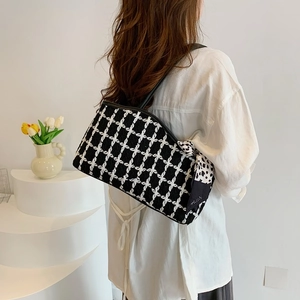 Minimalist black and white plaid tweed tote bag with polka dot ribbon for women