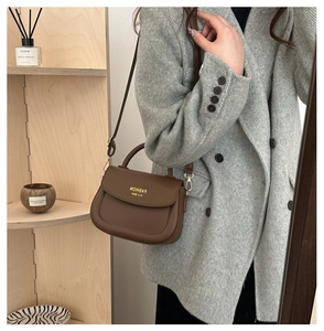 Close-up of vintage dark brown saddle bag with golden hardware and fashion lettering