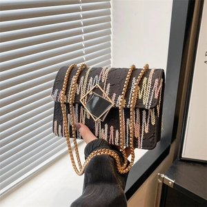 Women Trendy PU Leather Shoulder Bag Colorful Embroidery Gold Chain Small Square Crossbody Bag For Daily Commuting
