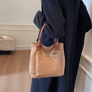 Japanese casual khaki canvas tote bag for women with front pocket and metal snap button