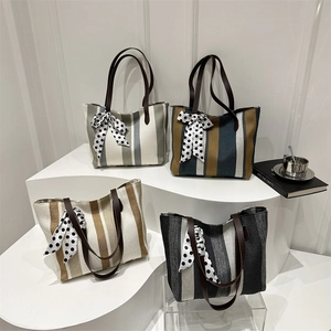 Women Fashion Striped Canvas Tote Bag With Polka Dot Scarf Simple Casual Shoulder Bag Large Capacity Top Handle Commuter Handbag