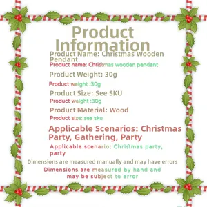 Detailed product specification card for Christmas wooden pendant and party ornaments