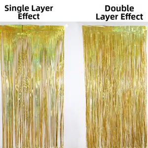 Comparison of single and double layer metallic tinsel fringe curtains for party background