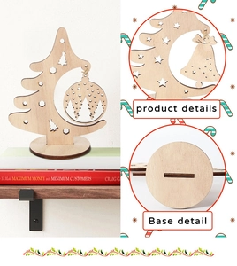 Detail of wooden Christmas tree stand with laser-cut moon and hanging bell ornament
