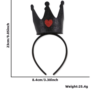 Serre-tête couronne à paillettes noires avec cœur rouge pour fête, hauteur 23cm