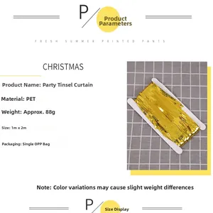 Macro shot of 1x2m gold foil fringe curtain with PET texture and retail packaging details